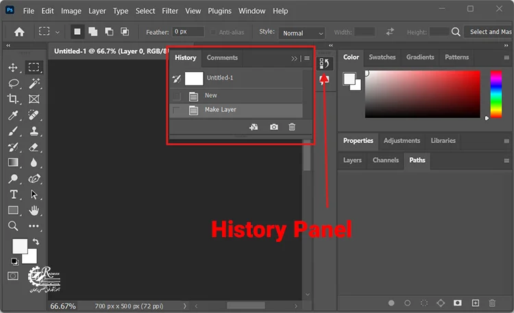 پنل تاریخچه در فتوشاپ برای بازگشت به مراحل قبلی و تغییرات انجام شده