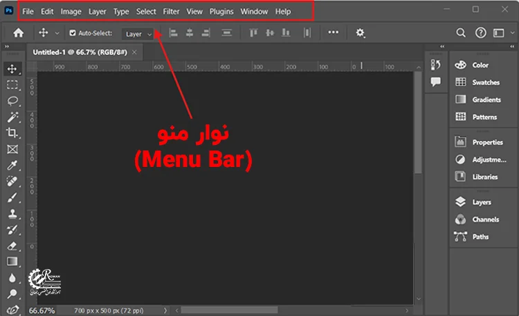 نوار منو در فتوشاپ با دسترسی به ابزارها و تنظیمات مختلف