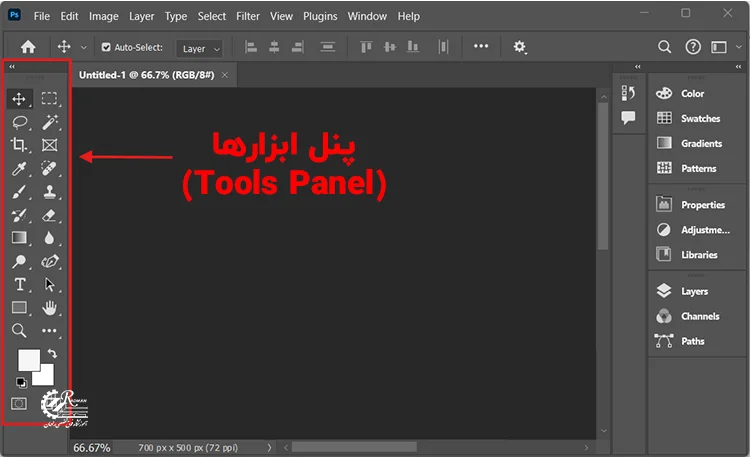 پنل ابزارها در فتوشاپ نمایش ابزارهای مختلف برای ویرایش تصاویر